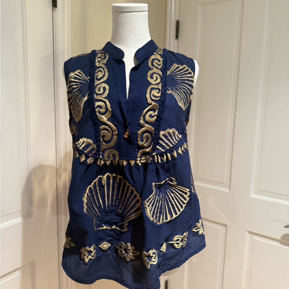 Nema Home Midnight Blue and Gold Embroidered Blouse